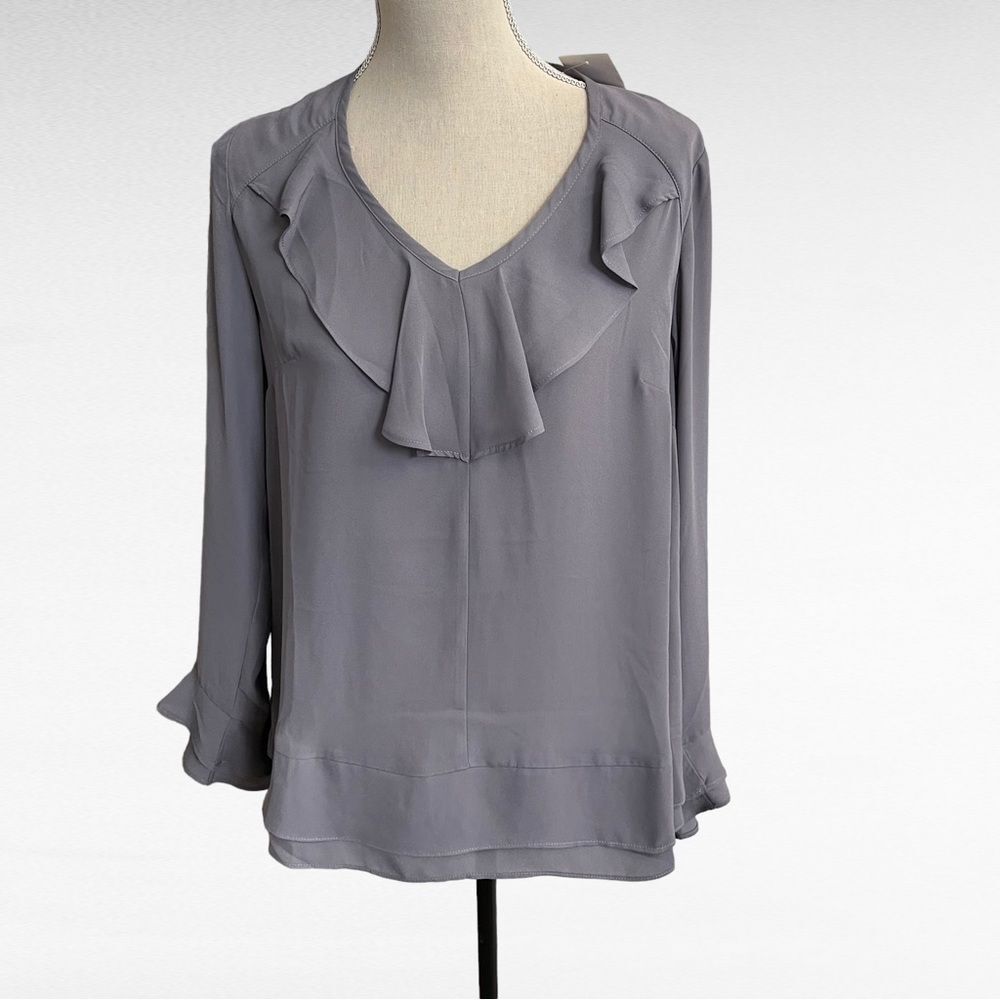 G by Giuliani Grey Ruffled Front Neckline, Ruffled Sleeves, Zipped Back Size 8